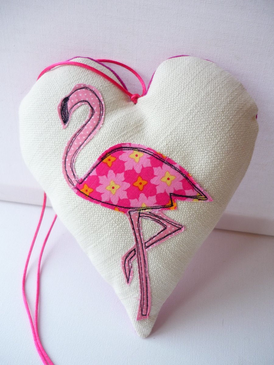 Hanging Heart Decoration with Applique FABRIC Flamingo Handmade GIFT