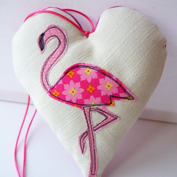 Hanging Heart Decoration with Applique FABRIC Flamingo Handmade GIFT