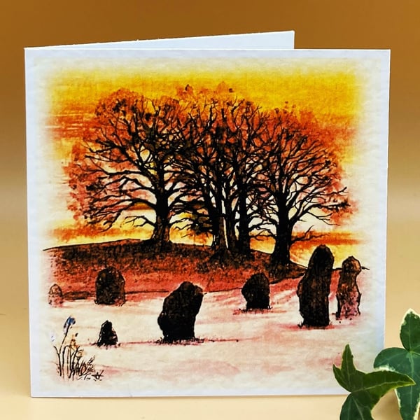 Christmas card 4 pack, Avebury Stone Circle Frosty Winter Sunset, UK made & sold