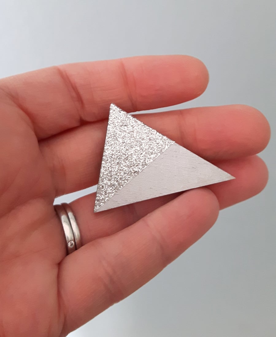 Silver Glitter Wooden Triangle Geometric Brooch