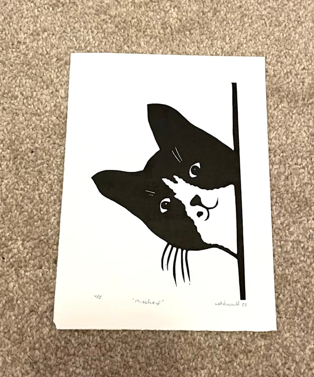 Mischief Black and White Cat Lino Print