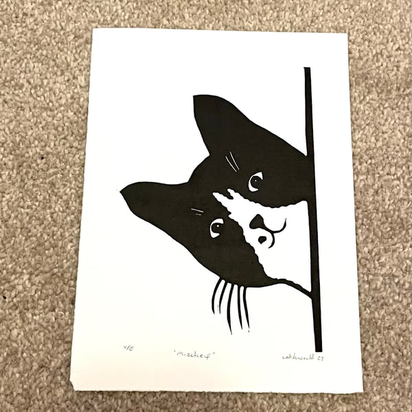 Mischief Black and White Cat Lino Print