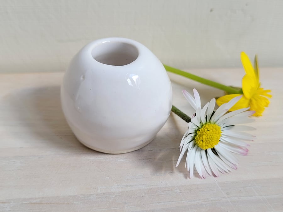Handmade miniature bud vase with white glaze, forget me nots ceramic vase