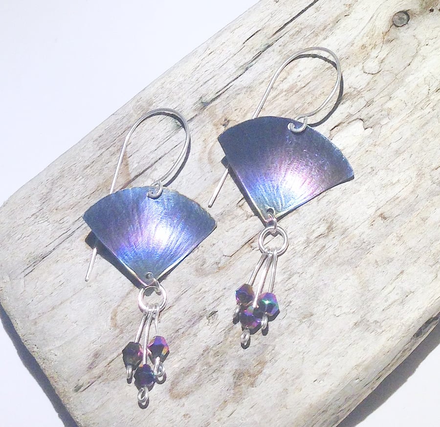  Handmade Coloured Titanium and Crystal Bead Fan Shaped Earrings  - UK Free Post