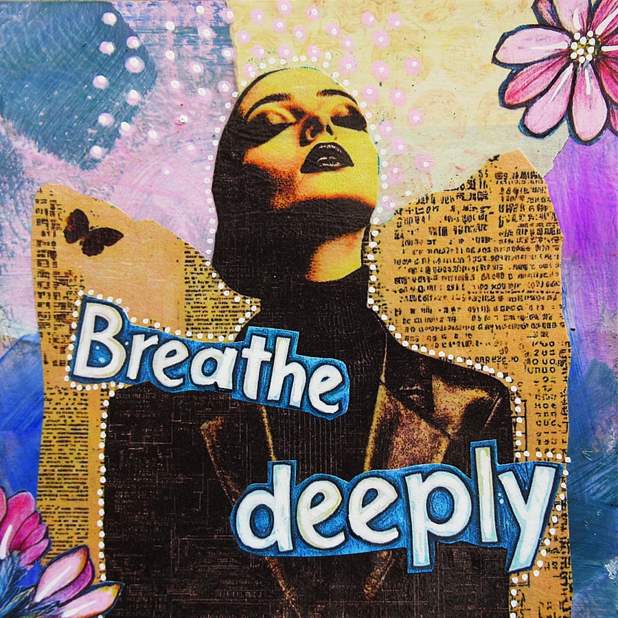 Feminist Pop Art Painting BREATHE DEEPLY Small Inspirational Dreamy Portrait