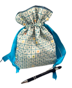 Scrabble themed fabric, lined drawstring bag