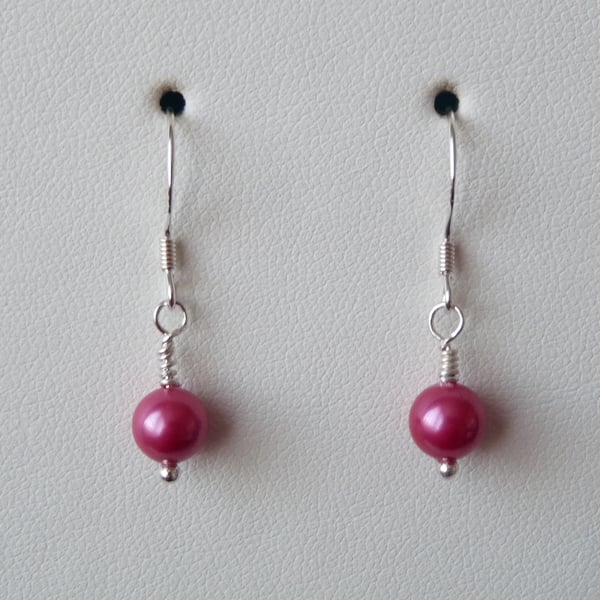 Fuchsia Pink Shell Pearl Earrings - Genuine Gemstone - Sterling Silver