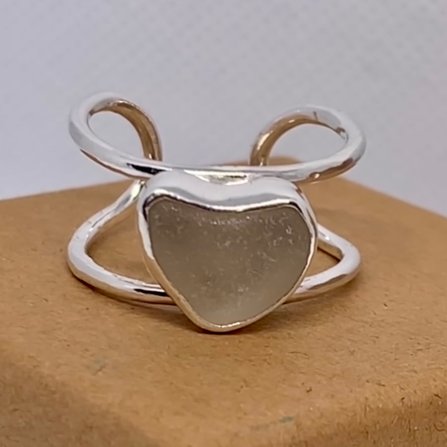 Adjustable Warm Grey Love Heart Sea Glass and Sterling Silver Ring - 1022