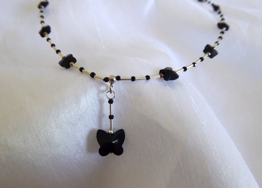 Swarovski Jet Crystal Butterflies and Sterling Silver Necklace