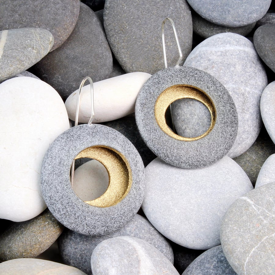 Round pebble earrings, inspired by nature with a golden centre and silver wires