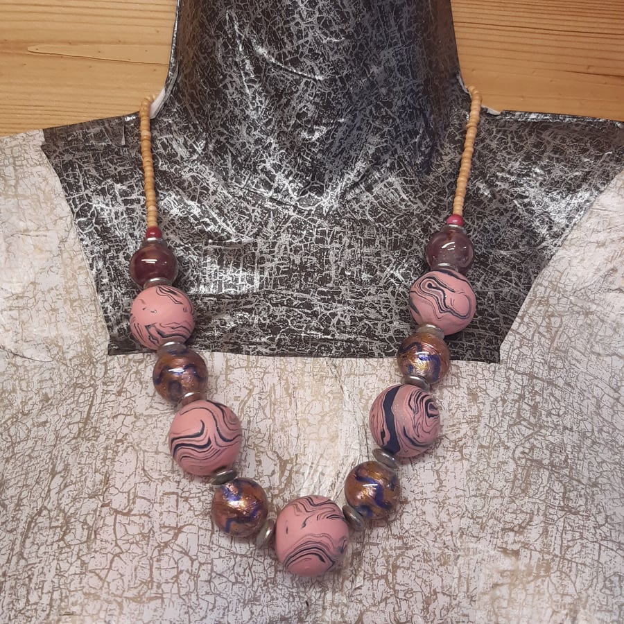 Statement polymer clay necklace in pinks and blue