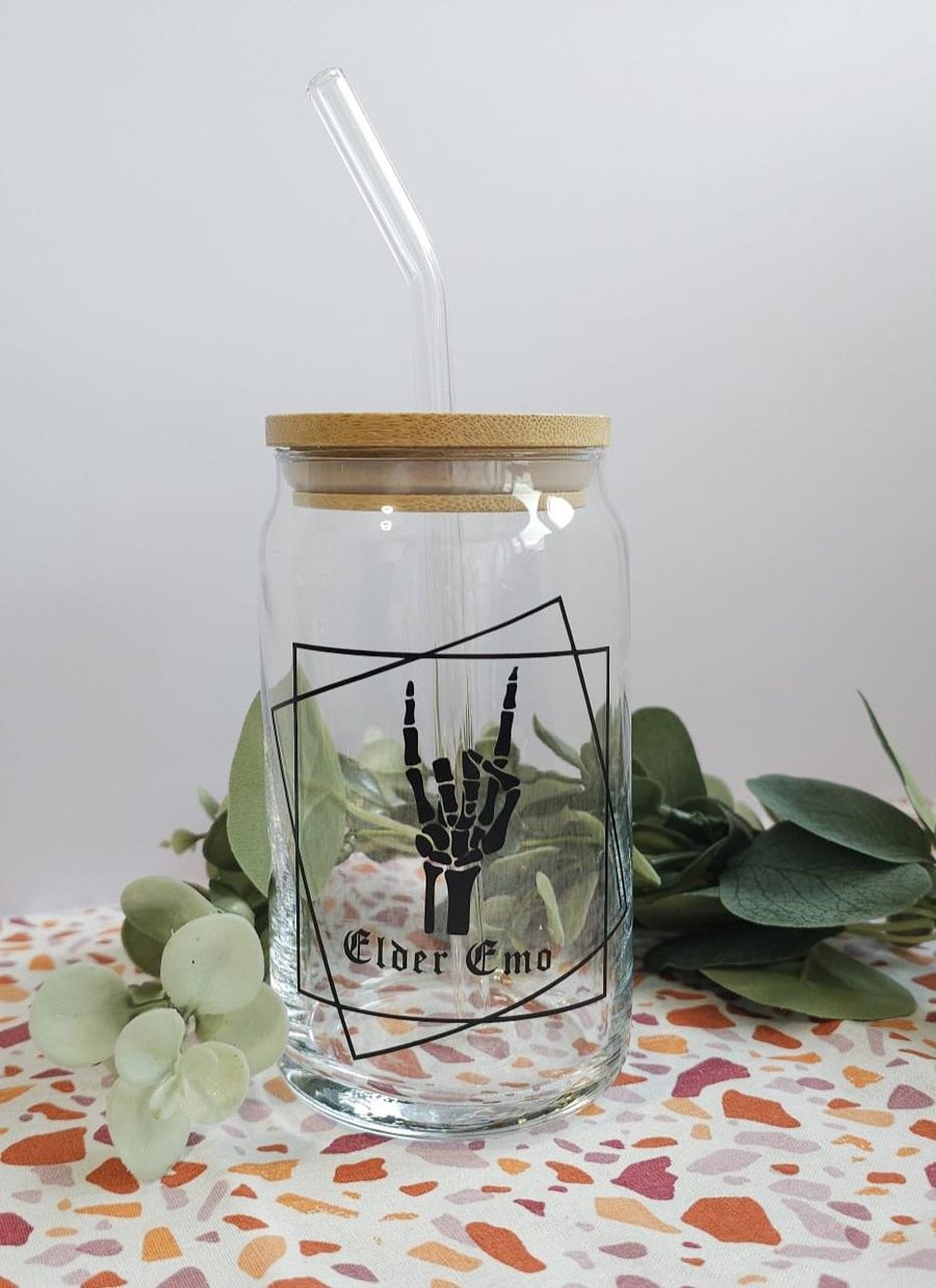 Elder Emo Glass Cup - 16oz Goth Alternative Drinkware with Bamboo Lid