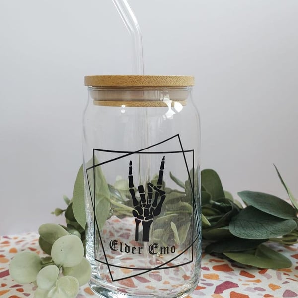Elder Emo Glass Cup - 16oz Goth Alternative Drinkware with Bamboo Lid