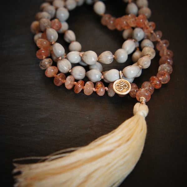 108 Manipura Solar Plexus Mala,Yoga Necklace,Sunstone and Bijanti