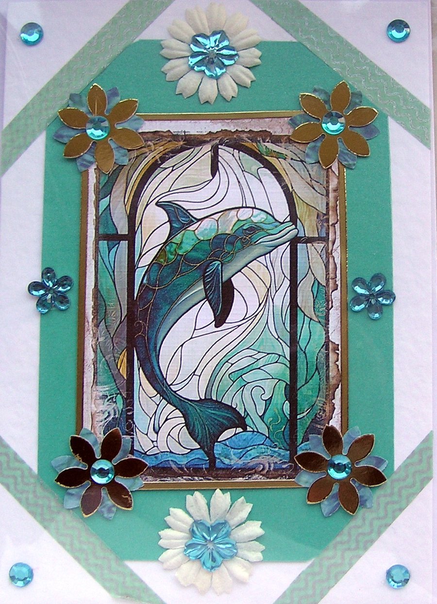 Swimming Dolphin - Hand Crafted Decoupage Greeting Card - Blank - 3085