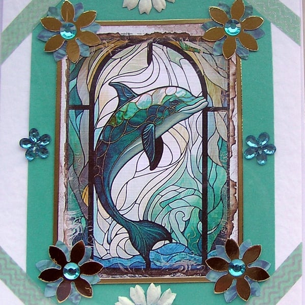 Swimming Dolphin - Hand Crafted Decoupage Greeting Card - Blank - 3085