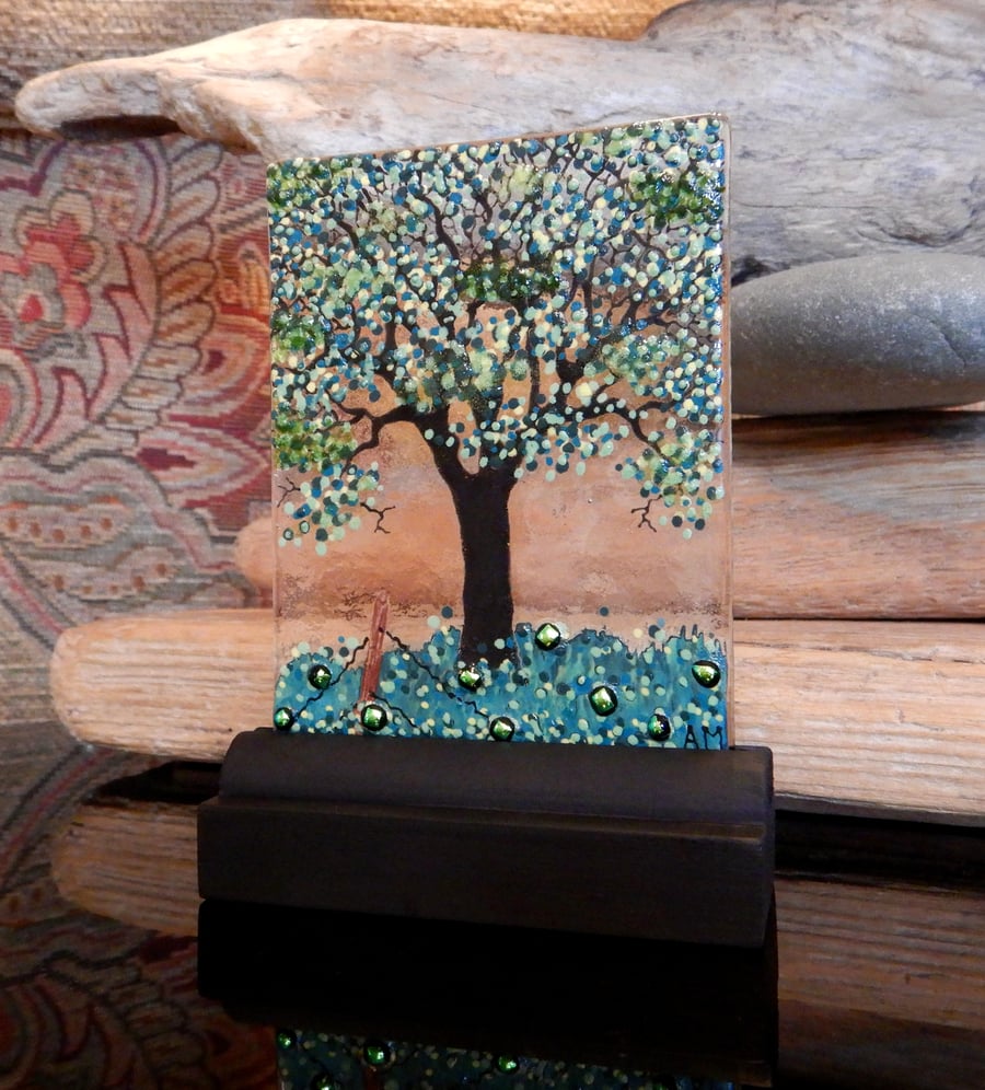 UNIQUE: Handmade Fused Glass 'SPRING TREE' Picture.