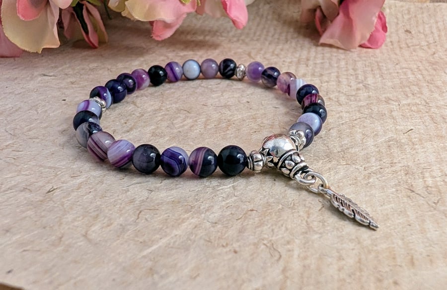 27 bead purple agate mala bracelet with feather charm and silver accents