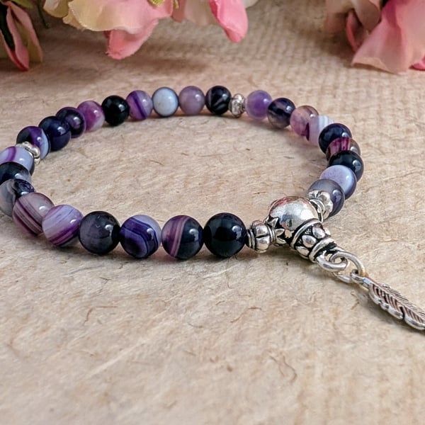 27 bead purple agate mala bracelet with feather charm and silver accents