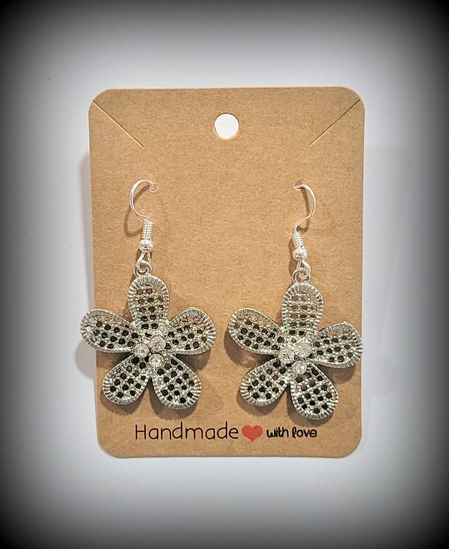 Silver Boho Flower Charm Dangle Earrings on Silver Plated Earring Hooks