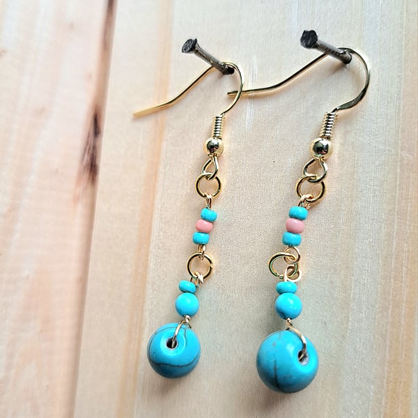 Real Turquoise 14k Gold Plated Drop Earrings Gemstone