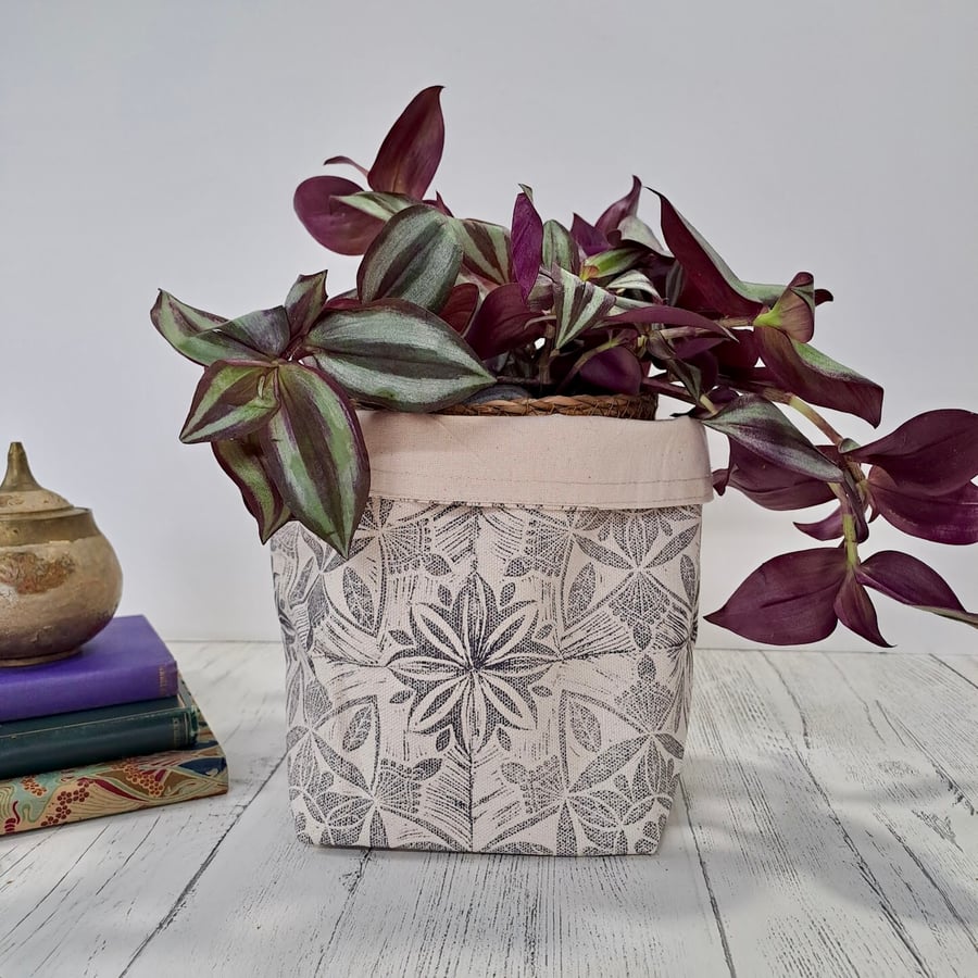 Hand Printed Linen Storage Basket, Storage Pot, Plant Pot - Lavender Grey