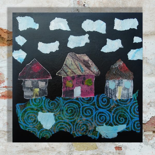 Folk Art Houses Painting Buildings Architecture Collage Mixed Media Artwork 8x8"