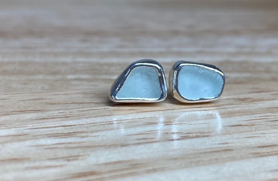Handmade Seafoam-Green Welsh Sea Glass & Silver Medium Stud Earrings