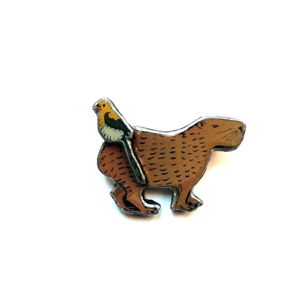 Wonderfully Whimsical sweet Capybara and Bird Brooch EllyMental 