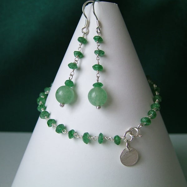 Green Adventurine Bracelet & Earrings Set - Sterling Silver - Handmade