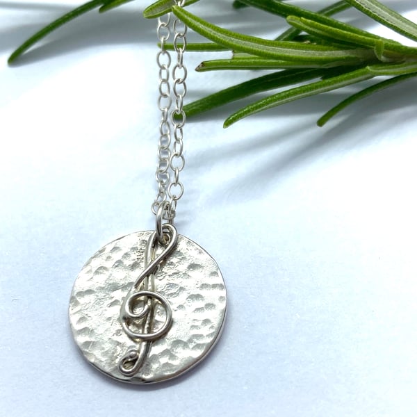 Music Treble Clef Silver Drop Necklace , Sterling Silver Handmade. W&F