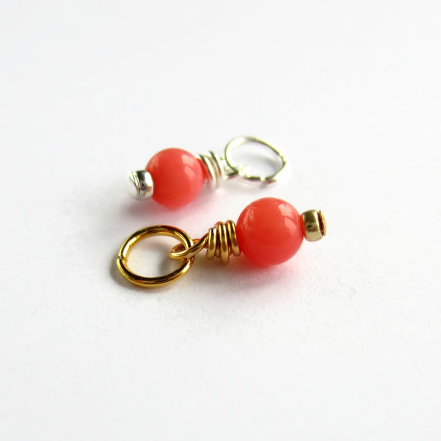 Genuine Pink Coral Wire Wrapped Charm - Silver, Gold or Rose Gold - 4mm