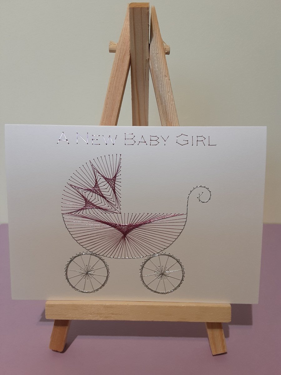 A New Baby Girl Hand Embroidered Birth Congratulation-Card For A Baby Girl.
