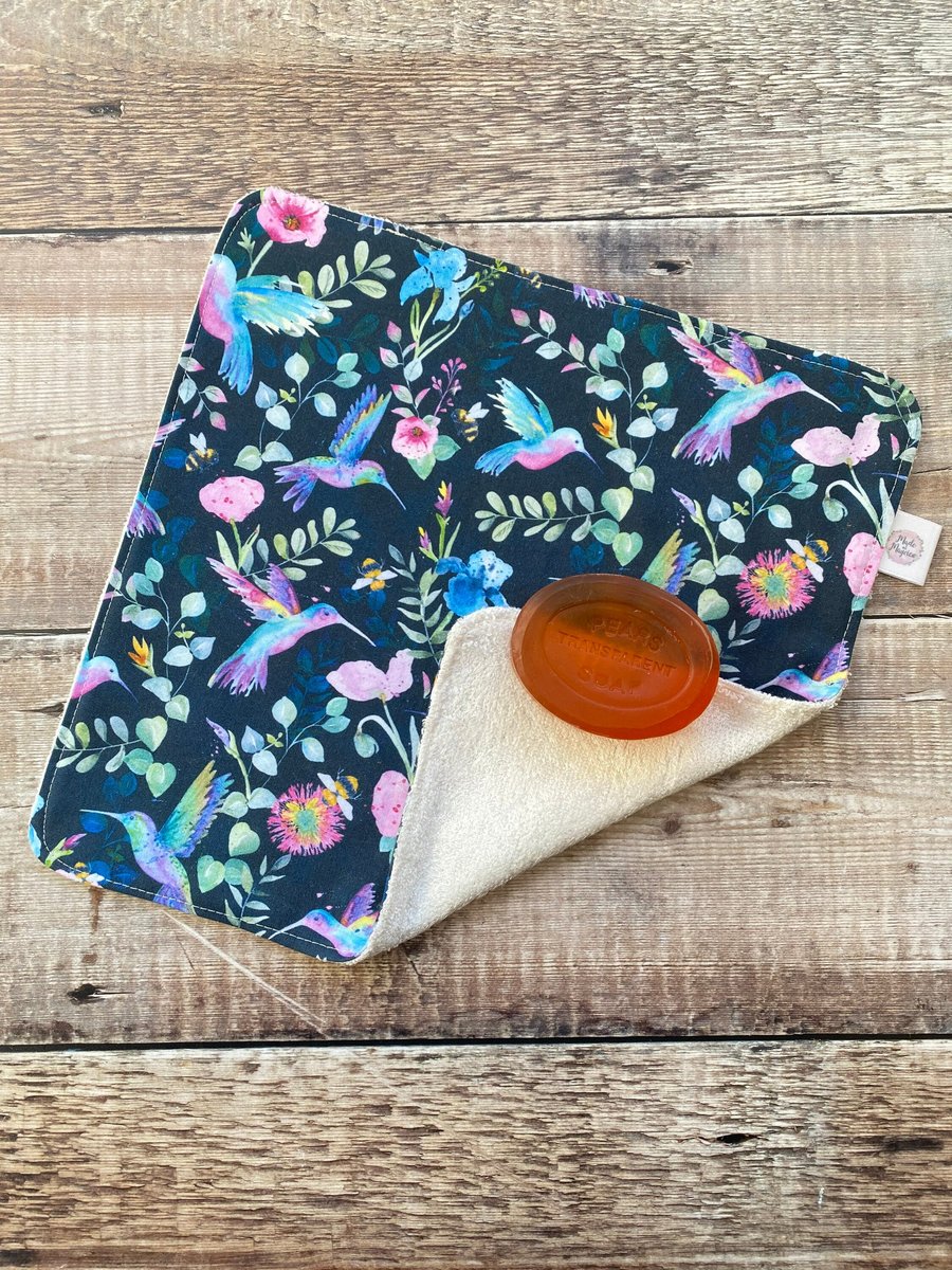 Organic Bamboo Cotton Wash Face Cloth Flannel Navy Bright Floral Hummingbird