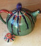 Gorgeous stripey large stoneware teapot with extra lid, for a change - Image 1