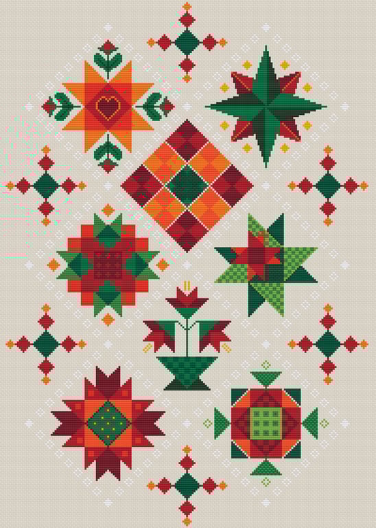 043F - Cross Stitch Shaker Patchwork - Small Christmas Amish Barn Quilt rustico