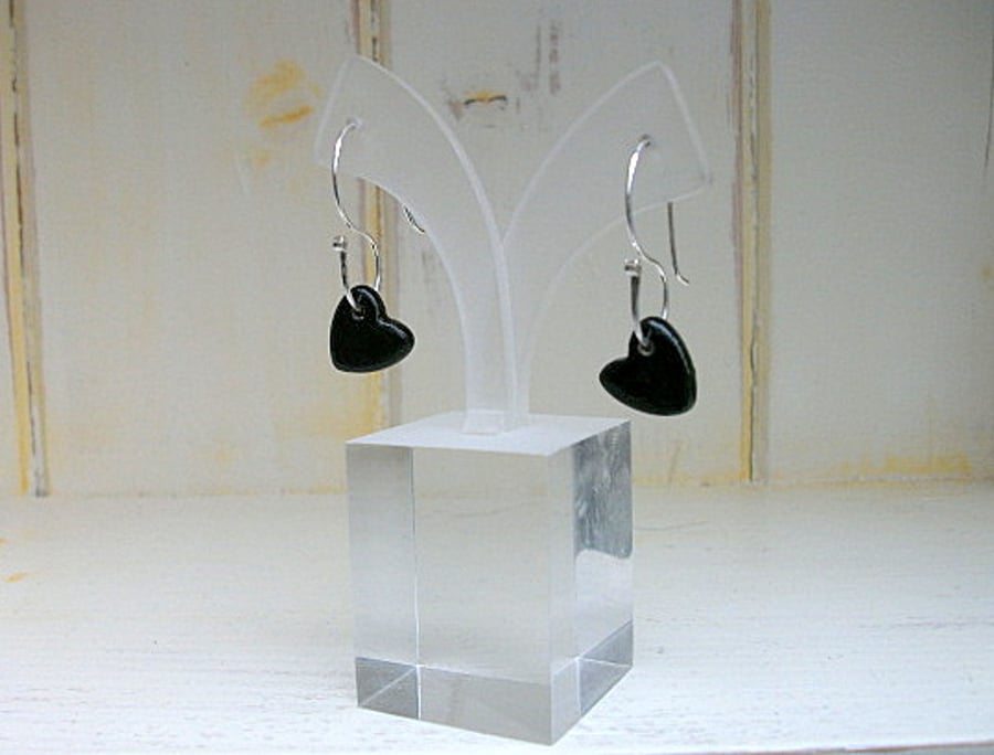 Ceramic Black Heart Dangle Earrings - sterling silver earwires