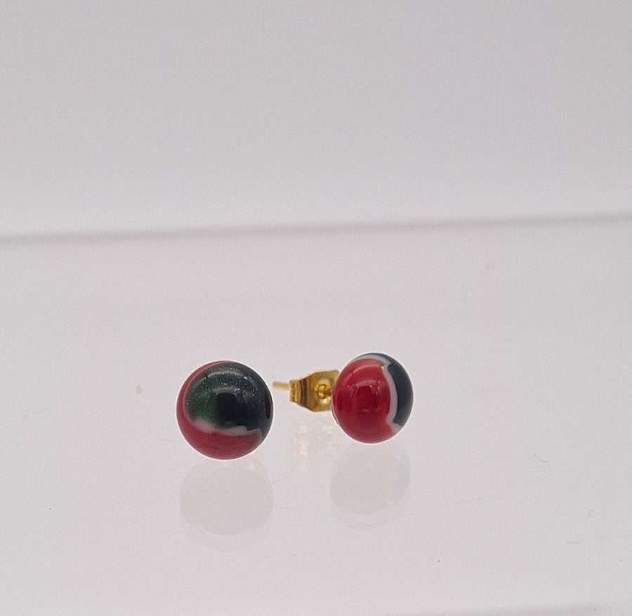 Red And Green Glass Stud Gold Tone Earrings