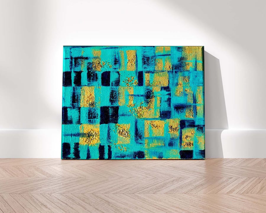 Original Teal Gold Blue Glitter Gold Leaf Art Abstract Acrylic Painting
