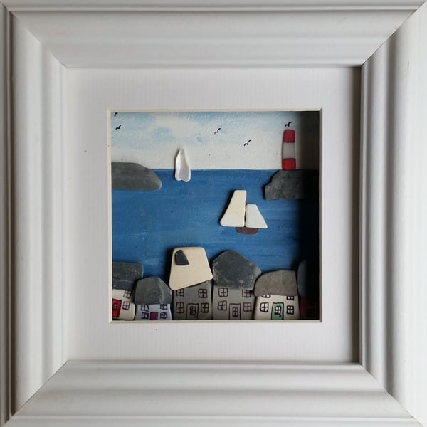 Cornish Cottages on the Quayside, Pebble Art, Pebble Pictures