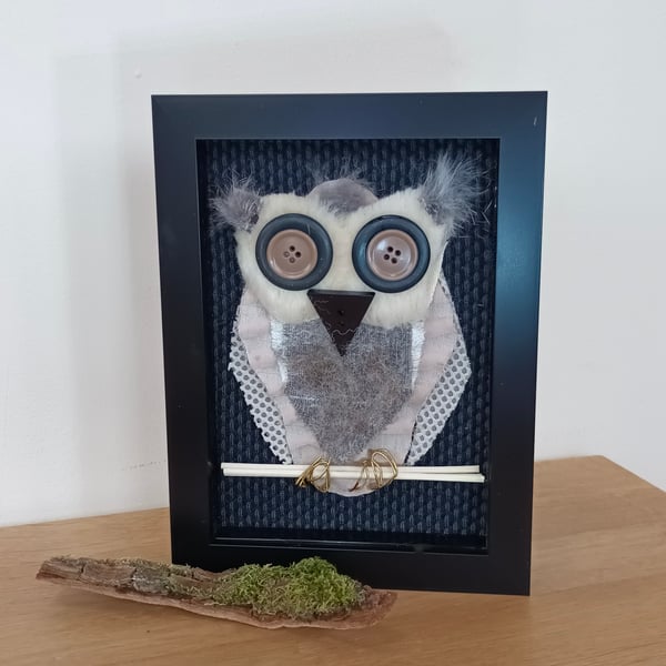 Brown Owl Original 3D Mixed Media Framed Collage 6" x 8" 