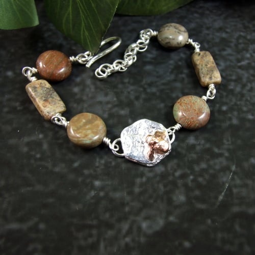 Bee Bracelet. Sterling Silver Hexagon with Copper Bee & Jasper Gemstones