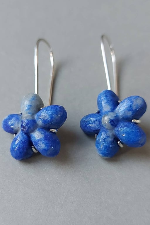 Lapis Lazuli Flower Earrings: Carved Sterling Silver Floral Jewelry