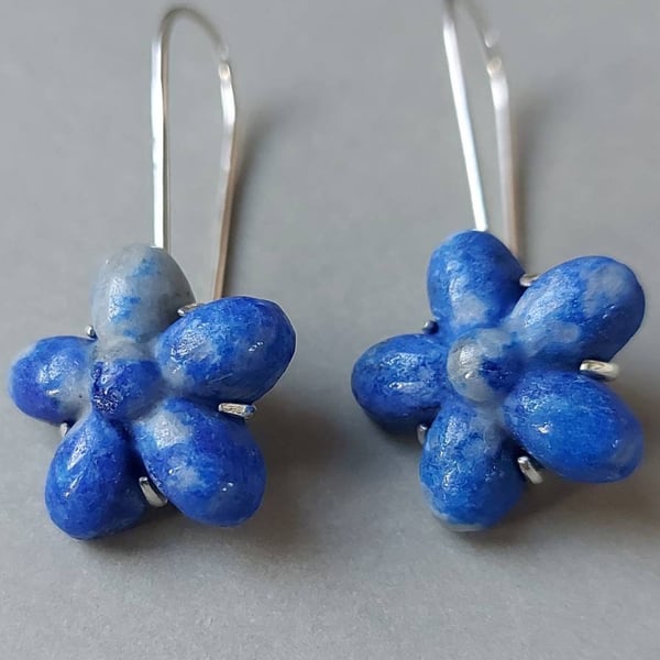 Lapis Lazuli Flower Earrings: Carved Sterling Silver Floral Jewelry