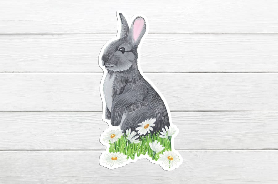 Rabbit and daisies die cut sticker