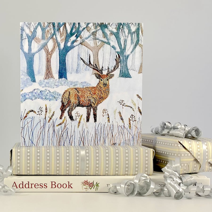 Winter deer birthday card - snow stag woodland