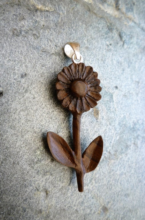 Carved Wooden Flower Pendant, walnut silver