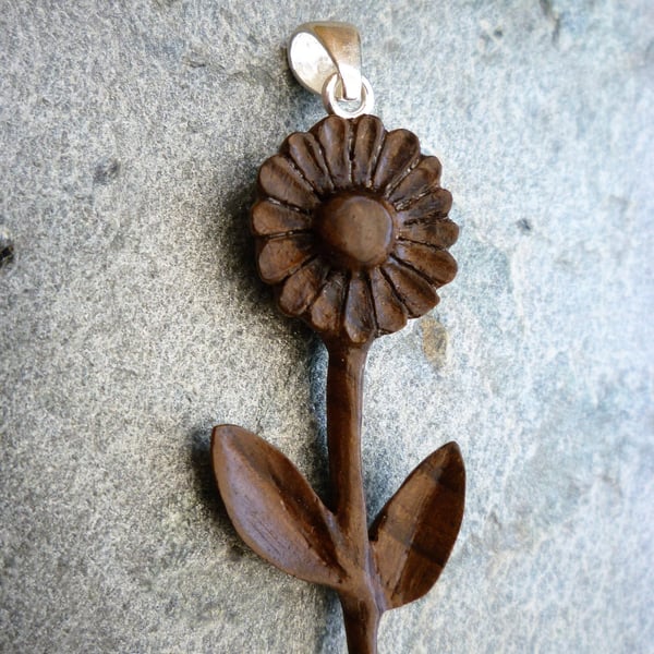 Carved Wooden Flower Pendant, walnut silver