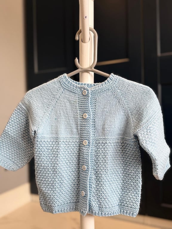 Hand-Knitted Baby Cardigan with Textured Moss Stitch Pattern –Light Blue(9-12m)