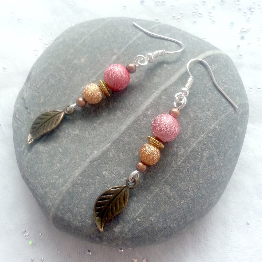 Pink Orange Bead Earrings - Bronze Leaf Boho Dangle Earrings